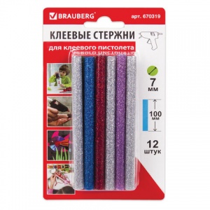 Стержни для клеевого пистолета Brauberg, 7x100мм, цветные с блестками, 12шт. (670319)